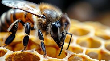 AI generated Bee Feeding on Honeycomb Up Close photo