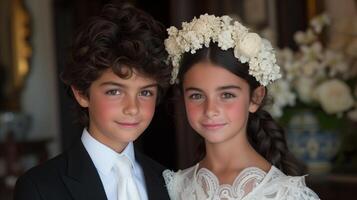 AI generated Young Boy and Girl in Formal Attire at Indoor Celebration photo