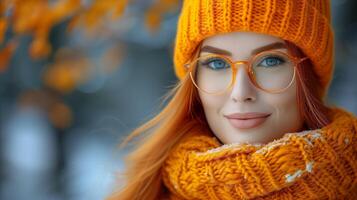 ai generado invierno retrato de joven mujer vistiendo amarillo prendas de punto y lentes foto