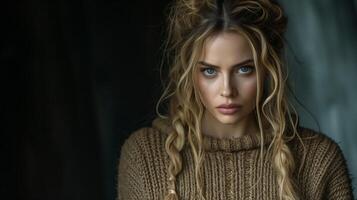 AI generated Intense Gaze of a Woman With Blonde Curly Hair in Knitted Sweater photo