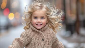 ai generado alegre niñito niña sonriente con azotado por el viento pelo en urbano ajuste foto