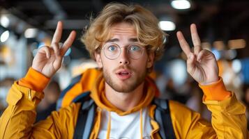 ai generado sorprendido joven hombre en lentes haciendo paz firmar adentro foto