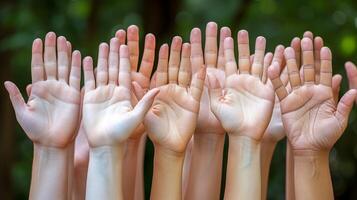 AI generated Diverse human hands raised together in unity against blurred background photo