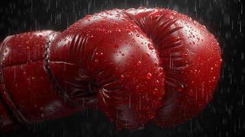 AI generated Red boxing gloves wet with rain against dark background photo