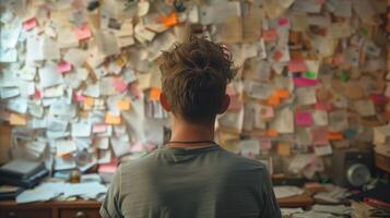 AI generated Overwhelmed person in front of a chaotic bulletin board full of notes photo