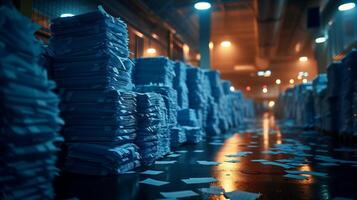 AI generated Stacks of paper in moody warehouse illuminated by warm light photo