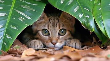 ai generado inquisitivo gato echar un vistazo fuera desde debajo grande verde hoja en naturaleza foto