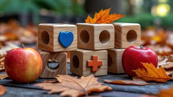 ai generado otoño concepto con manzanas y de madera bloques con símbolos foto