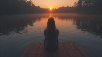AI generated Serene Lakeside Sunset Contemplation photo