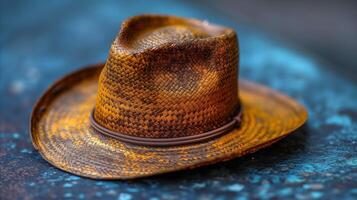 ai generado de cerca de un texturizado marrón vaquero sombrero en un azul antecedentes foto