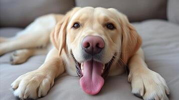AI generated Golden Retriever Lying on a Couch With Tongue Out photo