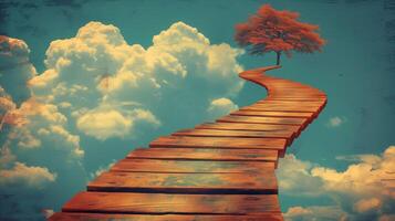 AI generated Winding Wooden Pathway Leading to Lone Tree Against Cloudy Sky photo