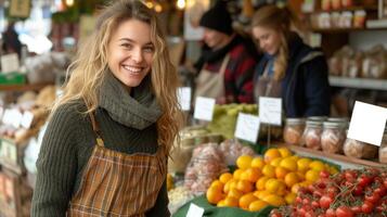 AI generated Smiling female vendor at a local farmers market with fresh produce photo
