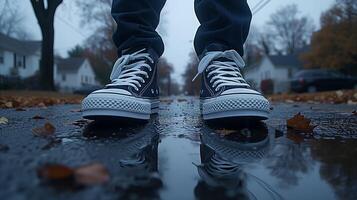 ai generado persona en pie en mojado calle con reflexión en charco y otoño hojas foto