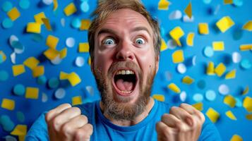 ai generado emocionado hombre celebrando éxito con papel picado en azul antecedentes foto