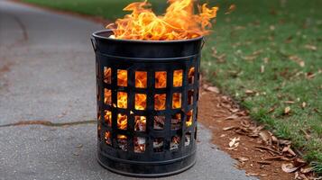 AI generated Blazing Trash Can Fire on a Suburban Sidewalk photo