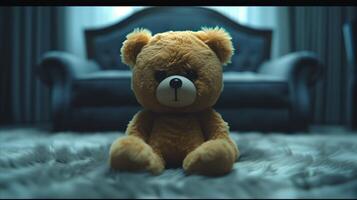 AI generated Lonely teddy bear sitting on carpet with moody ambient lighting photo