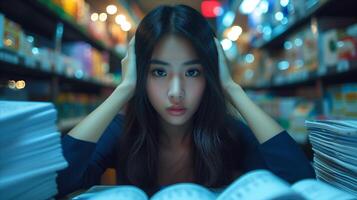 AI generated Young Woman Studying Hard in a Library at Night photo