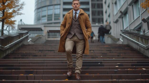 AI generated Confident Man Descending City Stairs on a Cloudy Day photo