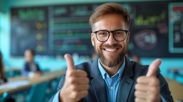 AI generated Confident businessman giving thumbs up in a modern office environment photo