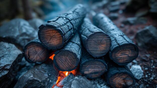 AI generated Charred logs in active campfire close-up in outdoor setting photo