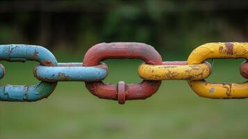 AI generated Colorful Painted Metal Chain Links Against Blurred Green Background photo