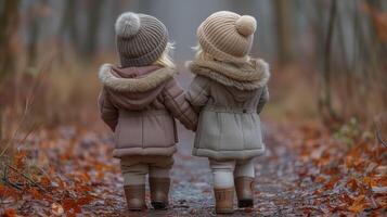 ai generado dos niños caminando mano en mano en un bosque camino en otoño foto