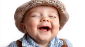 AI generated Joyful baby boy laughing wearing a cute flat cap on white background photo