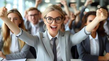 AI generated Excited business team celebrating success with raised arms photo