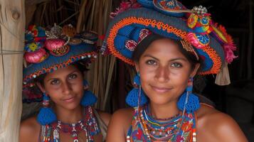 AI generated Portrait of two young women in traditional colorful attire photo