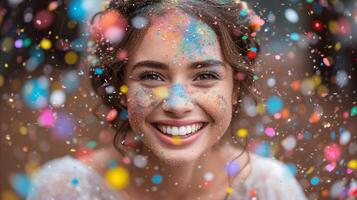 ai generado alegre mujer celebrando con vistoso papel picado foto