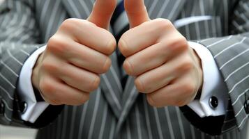 AI generated Close-up of businessman giving thumbs up sign in suit photo