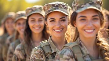 AI generated Smiling female soldiers in camouflage uniforms displaying teamwork and unity photo