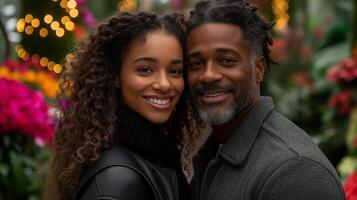 ai generado contento africano americano Pareja sonriente juntos en un floral parque foto