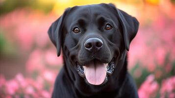 ai generado contento negro Labrador perdiguero perro con lengua fuera en flor jardín foto