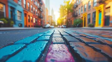 AI generated Colorful cobblestone road at sunset with urban buildings photo