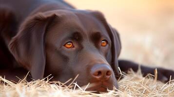 AI generated Serene Chocolate Labrador Resting in a Golden Field at Dusk photo