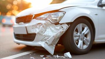 ai generado dañado vehículo después tráfico accidente en ciudad calle foto