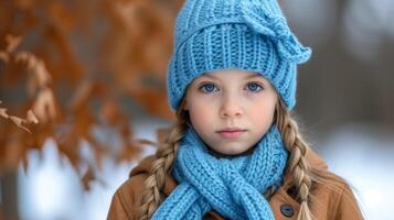 ai generado retrato de un joven niña en invierno atuendo con azul de punto sombrero y bufanda foto