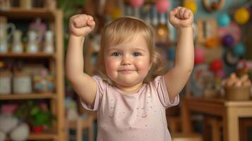 ai generado alegre niñito niña celebrando con brazos elevado a hogar fiesta foto