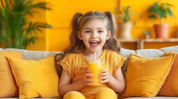 ai generado contento joven niña disfrutando naranja jugo en amarillo sofá foto