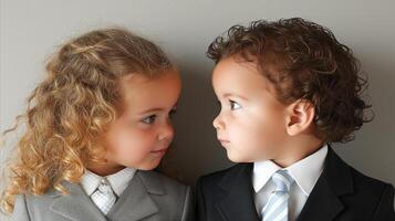 ai generado joven chico y niña vestido en formal atuendo frente a cada otro foto