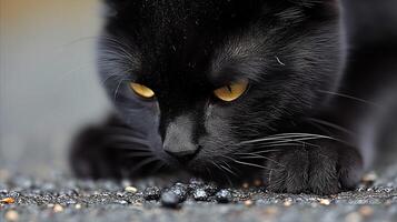 ai generado intenso negro gato con perforación amarillo ojos de cerca retrato foto