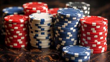 AI generated Stacks of casino poker chips on textured background for gambling concept photo