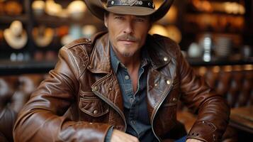 AI generated Handsome Cowboy in Leather Jacket Sitting at Wooden Table photo