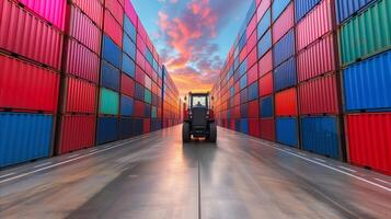 AI generated Industrial container cargo freight ship with working crane bridge in shipyard at dusk for logistic import export photo