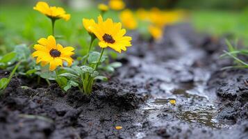 AI generated Blooming Yellow Flowers by a Muddy Garden Path photo