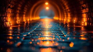 AI generated Mystical tunnel with glowing lights and reflective wet surface photo