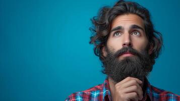 ai generado pensativo hombre con un barba contemplando en contra un azul antecedentes foto