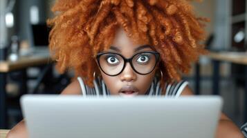 AI generated Shocked Woman With Glasses Staring at Laptop Screen Indoors photo